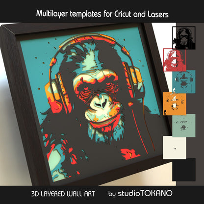 Chimpanzee with headphones shadow box SVG shown as finished 3D layered papercut wall art in cardstock for Cricut and laser cutting.