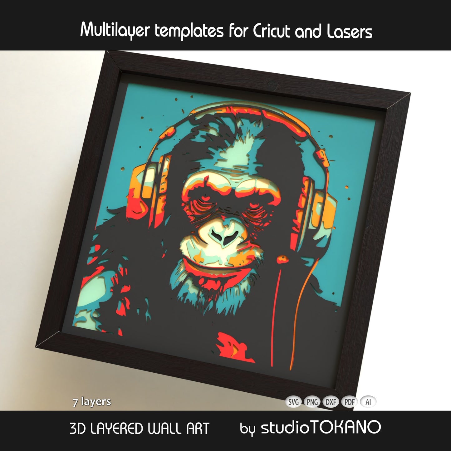 Chimpanzee papercut SVG design shown as framed multilayer wall art for music lovers, Cricut, Glowforge, xTool, and laser cutters.