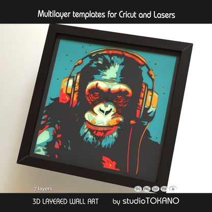 Chimpanzee papercut SVG design shown as framed multilayer wall art for music lovers, Cricut, Glowforge, xTool, and laser cutters.