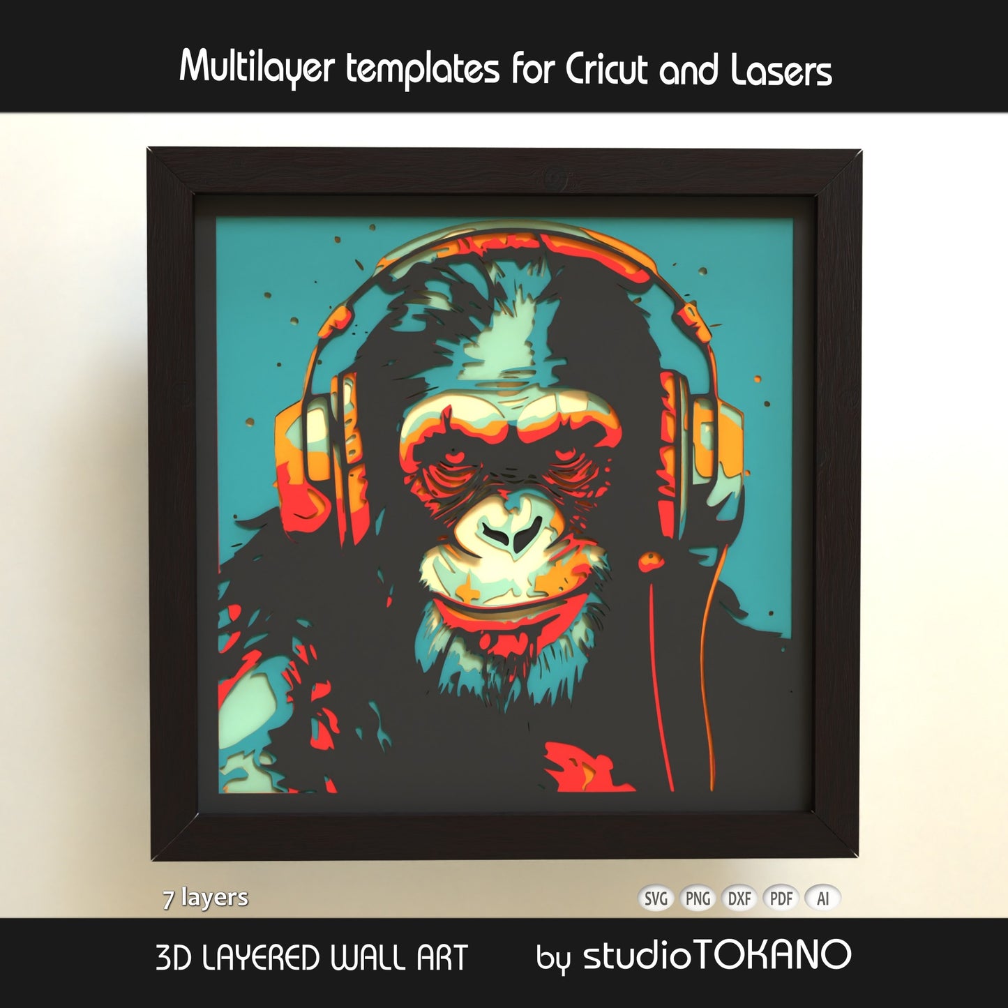 Finished monkey DJ style 3D layered wall art in cardstock, shown as a playful shadow box SVG for Cricut and laser cutting projects.