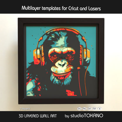 Finished monkey DJ style 3D layered wall art in cardstock, shown as a playful shadow box SVG for Cricut and laser cutting projects.