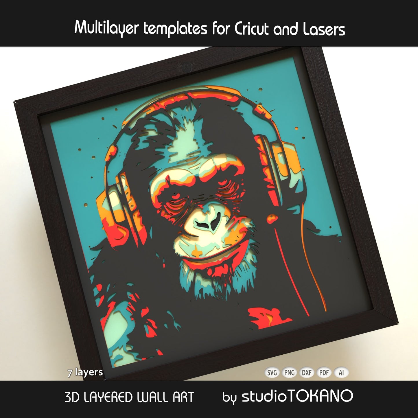 Chimpanzee digital download with layered cut file formats including SVG, DXF, PDF, PNG, and AI for Cricut and laser cut assembly.