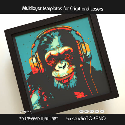 Chimpanzee digital download with layered cut file formats including SVG, DXF, PDF, PNG, and AI for Cricut and laser cut assembly.
