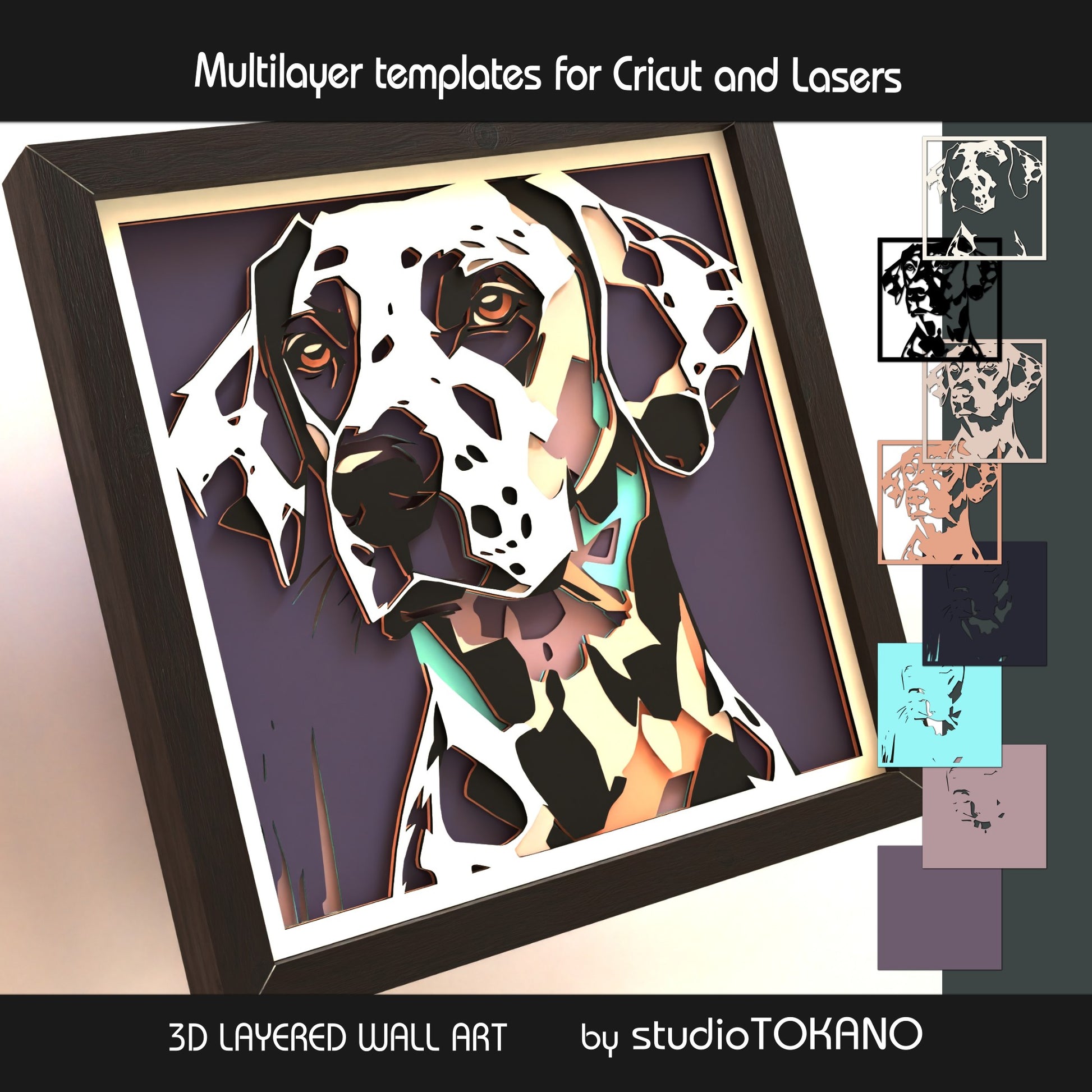 Dalmatian shadow box SVG layer guide showing the separate papercut layers and color arrangement for Cricut and laser cut assembly.