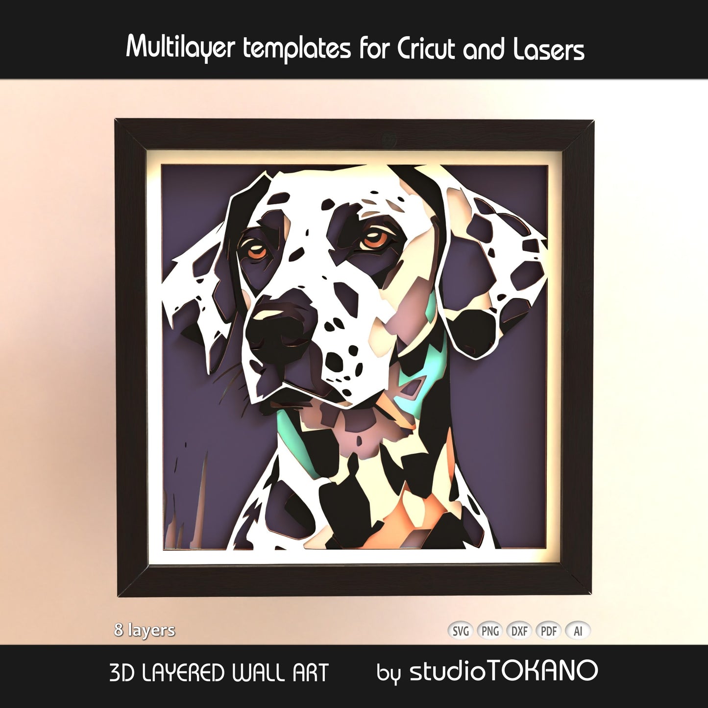 Dalmatian shadow box SVG shown as 8-layer 3D spotted dog portrait wall art for Cricut, Silhouette, Glowforge, xTool, and laser cutting.