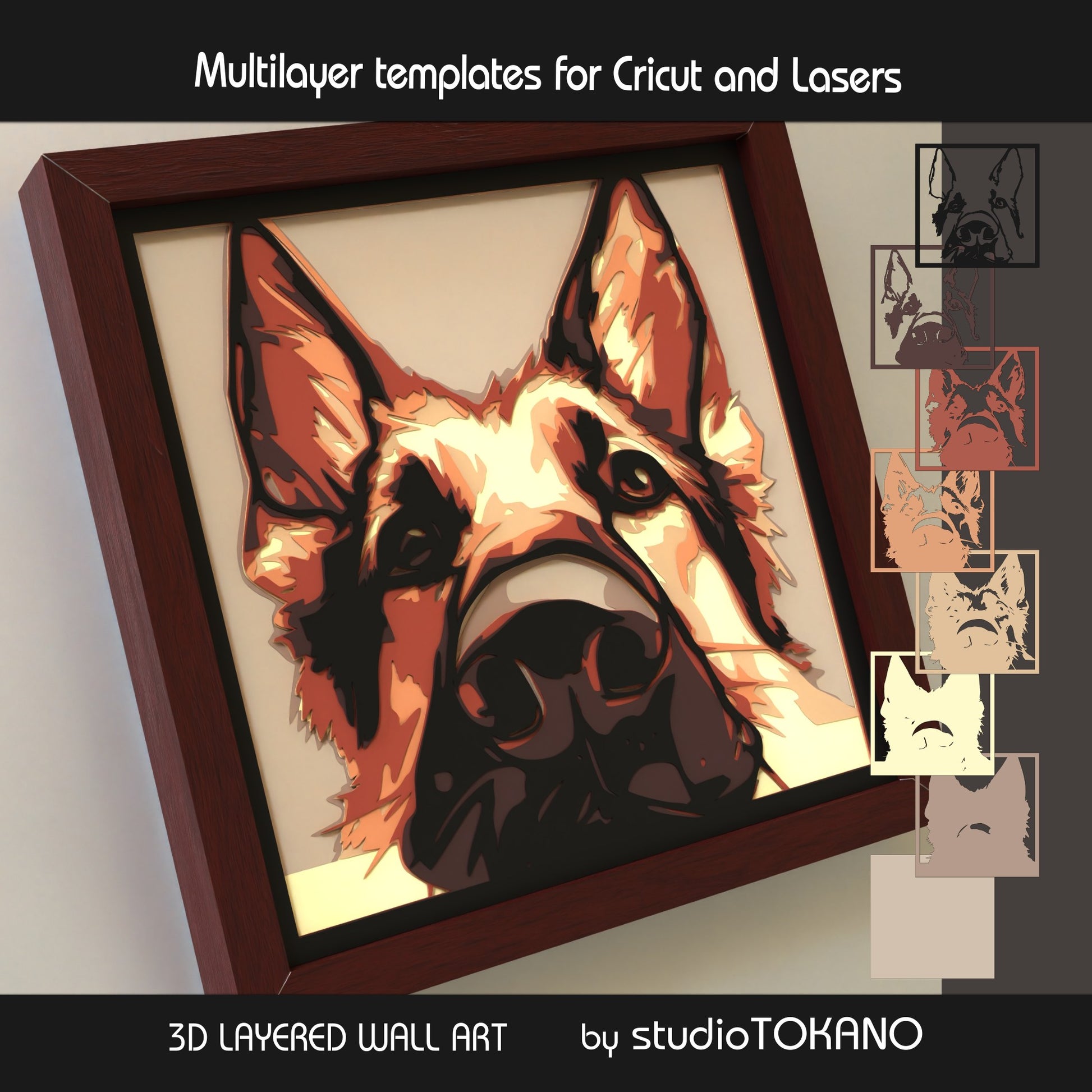 German Shepherd shadow box SVG layer guide showing the separate papercut layers and color arrangement for Cricut and laser cut assembly.
