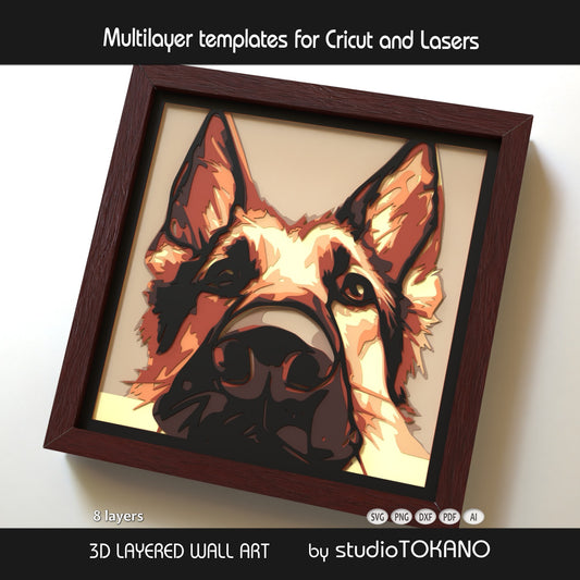 German Shepherd Shadow Box SVG | Layered Dog Portrait Cut File | Cricut & Laser