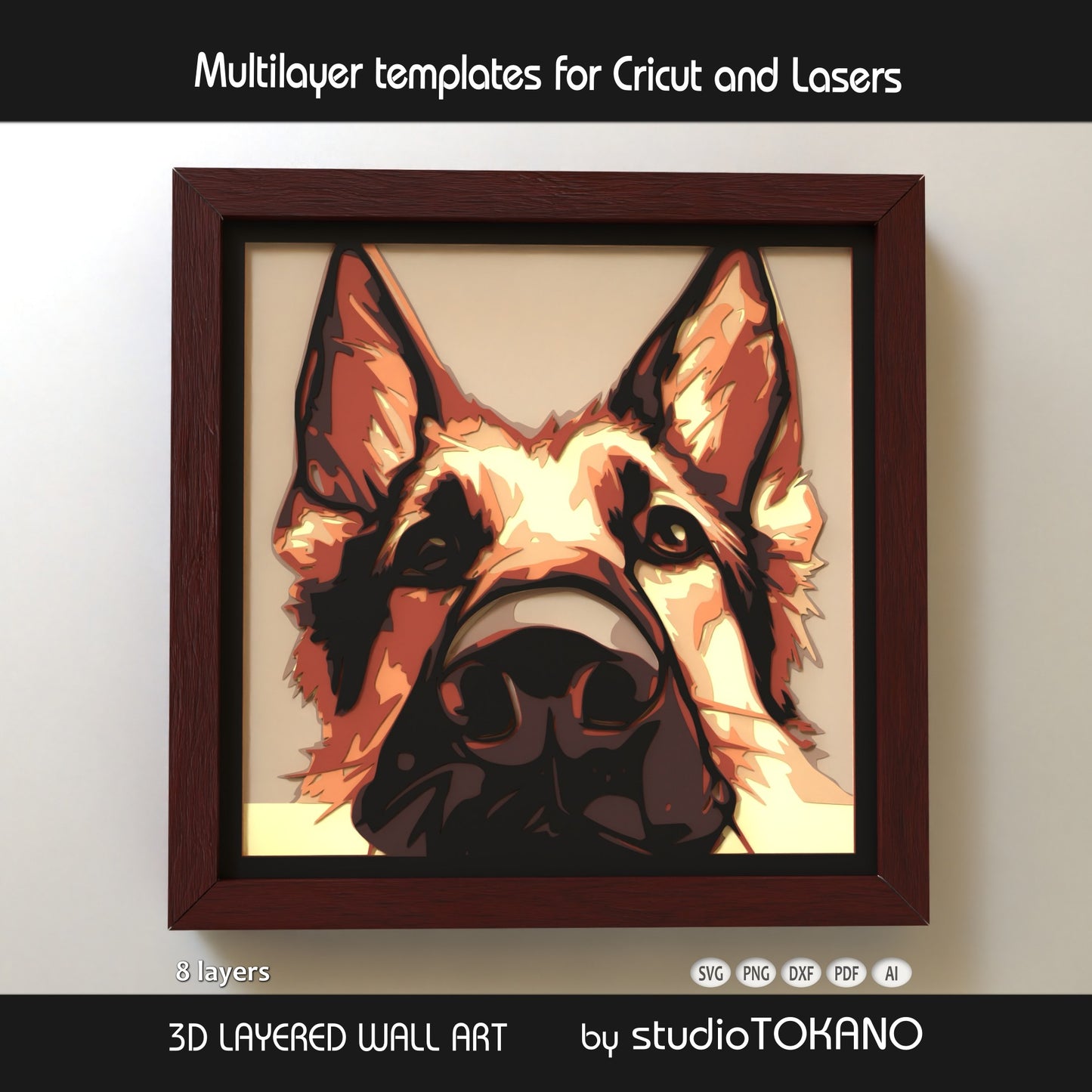 German Shepherd shadow box SVG shown as 8-layer 3D dog wall art for Cricut, Silhouette, Glowforge, xTool, and laser cutting.