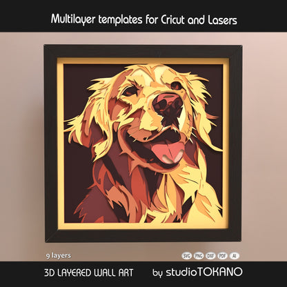 Golden Retriever layered SVG shown as 9-layer 3D dog shadow box wall art for Cricut, Silhouette, Glowforge, xTool, and laser cutting.