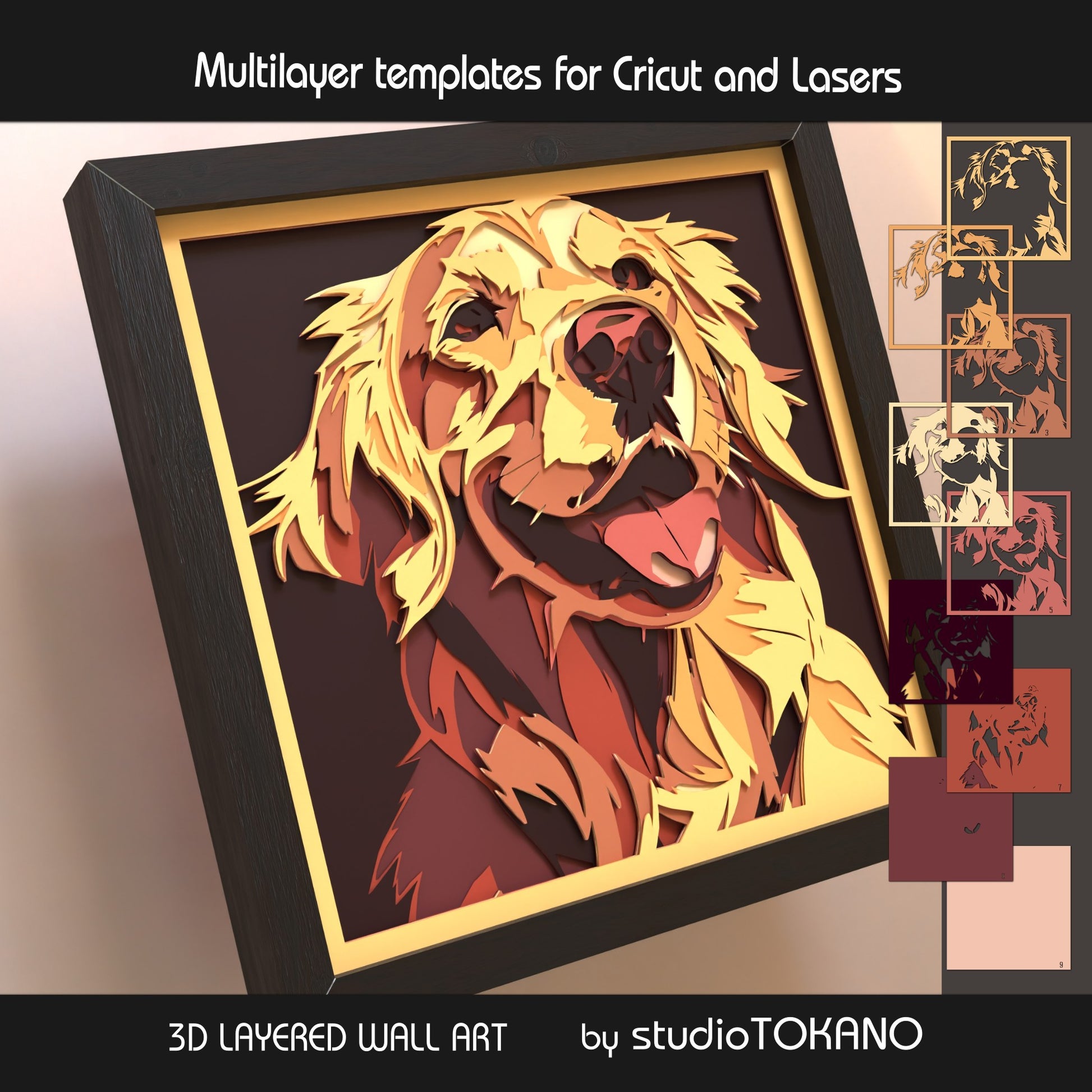 Golden Retriever shadow box SVG layer guide showing the separate papercut layers and color arrangement for Cricut and laser cut assembly.