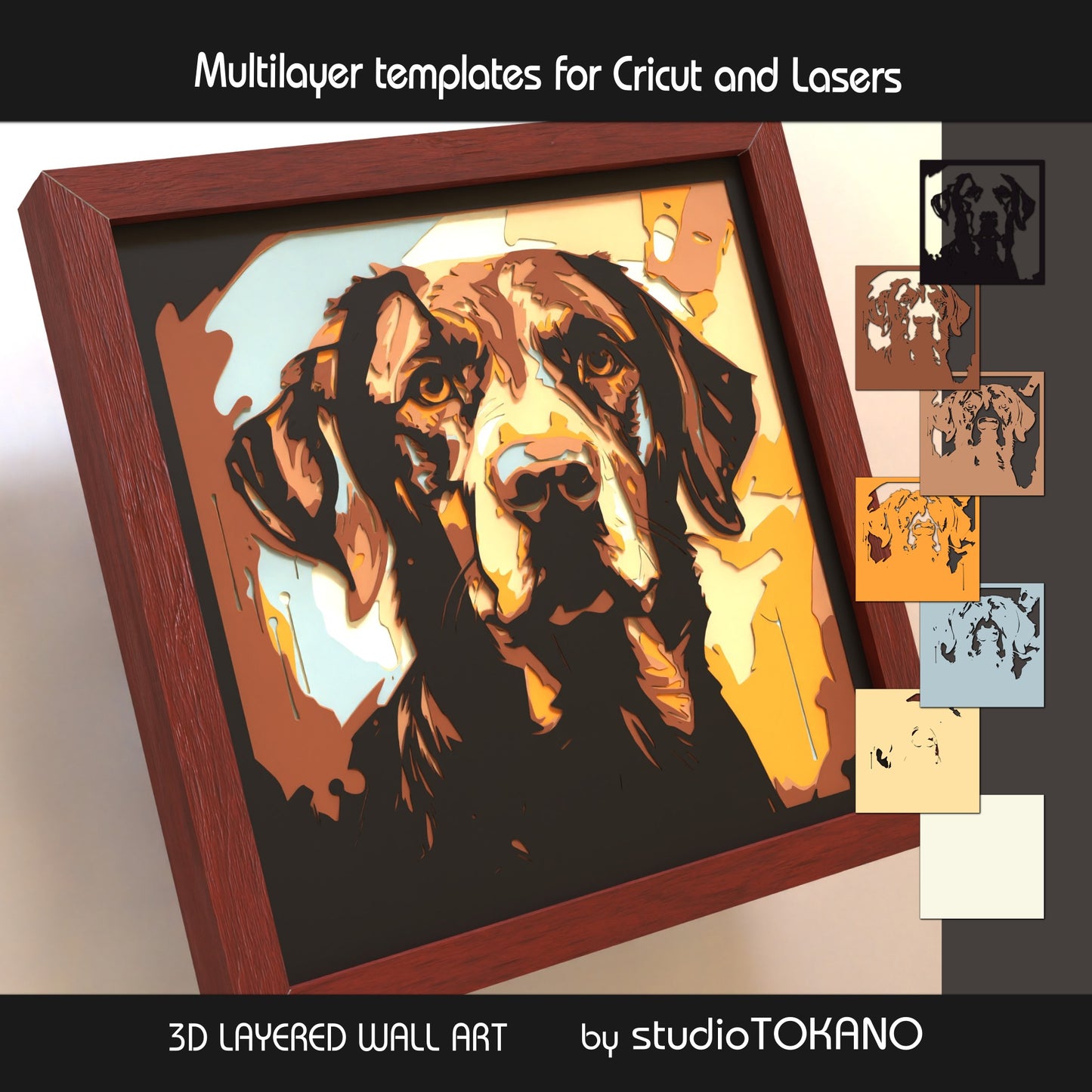 Labrador shadow box SVG layer guide showing the separate papercut layers and color arrangement for Cricut and laser cut assembly.