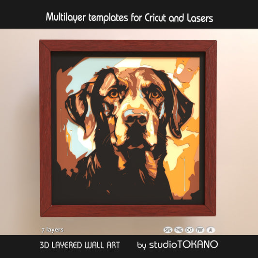 Labrador shadow box SVG shown as 7-layer 3D dog portrait wall art for Cricut, Silhouette, Glowforge, xTool, and laser cutting.