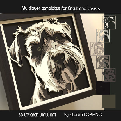 Schnauzer shadow box SVG layer guide showing the separate papercut layers and color arrangement for Cricut and laser cut assembly.