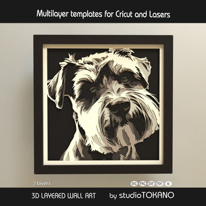 Schnauzer shadow box SVG shown as 7-layer 3D dog portrait wall art for Cricut, Silhouette, Glowforge, xTool, and laser cutting.