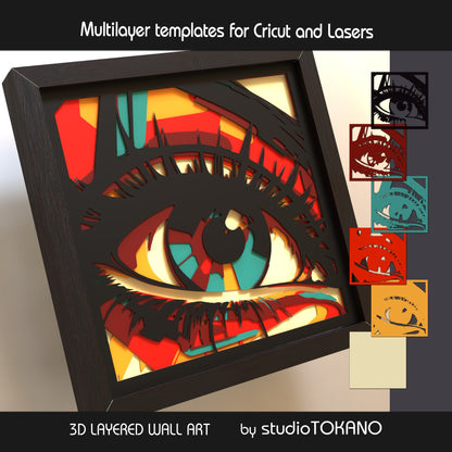 Eye shadow box SVG shown as finished 6-layer 3D layered papercut wall art in cardstock for Cricut and laser cutting.