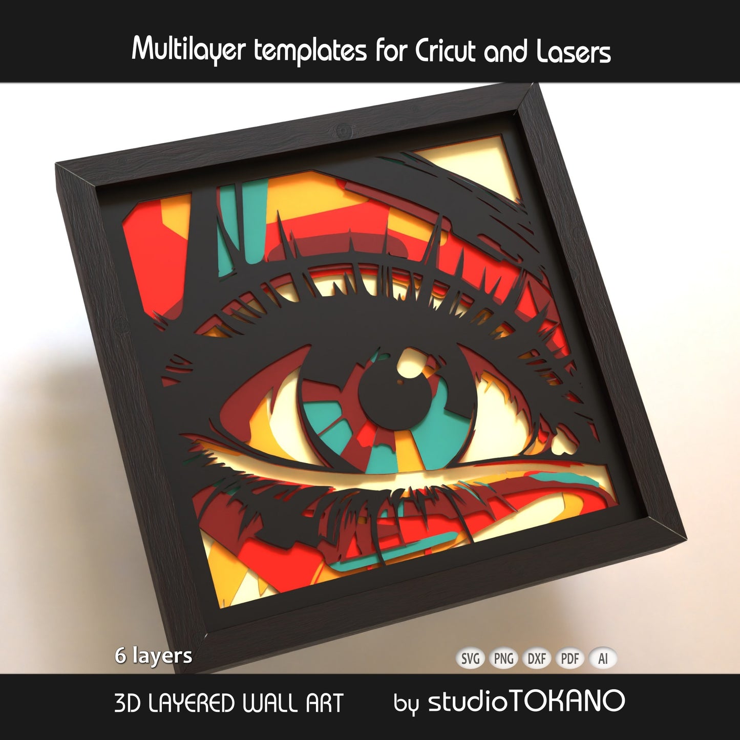 Angled view of the Eye layered SVG shadow box showing bold iris detail, stacked cardstock layers, and dimensional 3D depth.