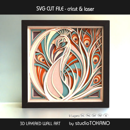Peacock shadow box SVG shown as finished 8-layer 3D layered papercut wall art in cardstock for Cricut and laser cutting.