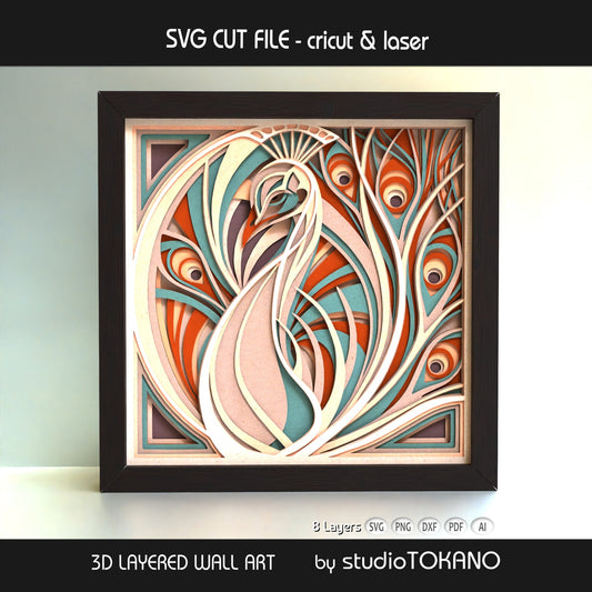 Peacock shadow box SVG shown as finished 8-layer 3D layered papercut wall art in cardstock for Cricut and laser cutting.