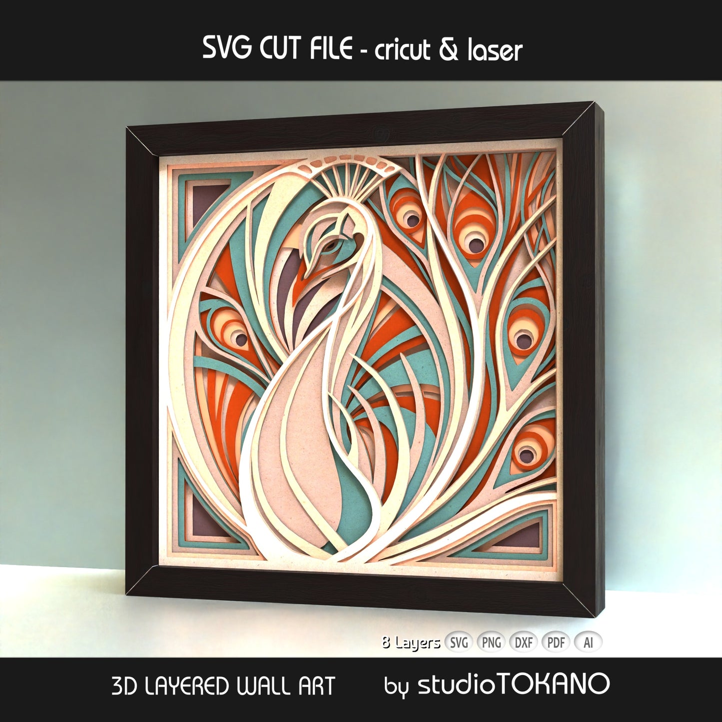 Angled view of the Peacock layered SVG shadow box showing depth, stacked cardstock layers, and flowing art nouveau detail.