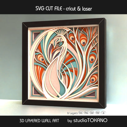 Angled view of the Peacock layered SVG shadow box showing depth, stacked cardstock layers, and flowing art nouveau detail.