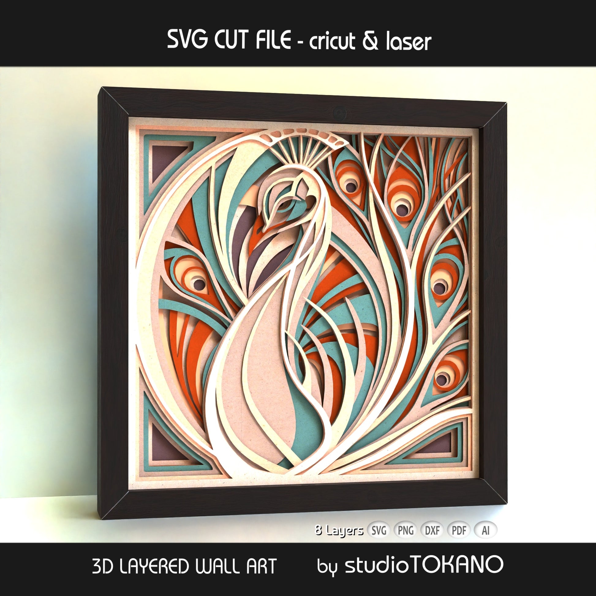 Peacock shadow box SVG shown as finished 8-layer 3D layered papercut wall art in cardstock for Cricut and laser cutting.