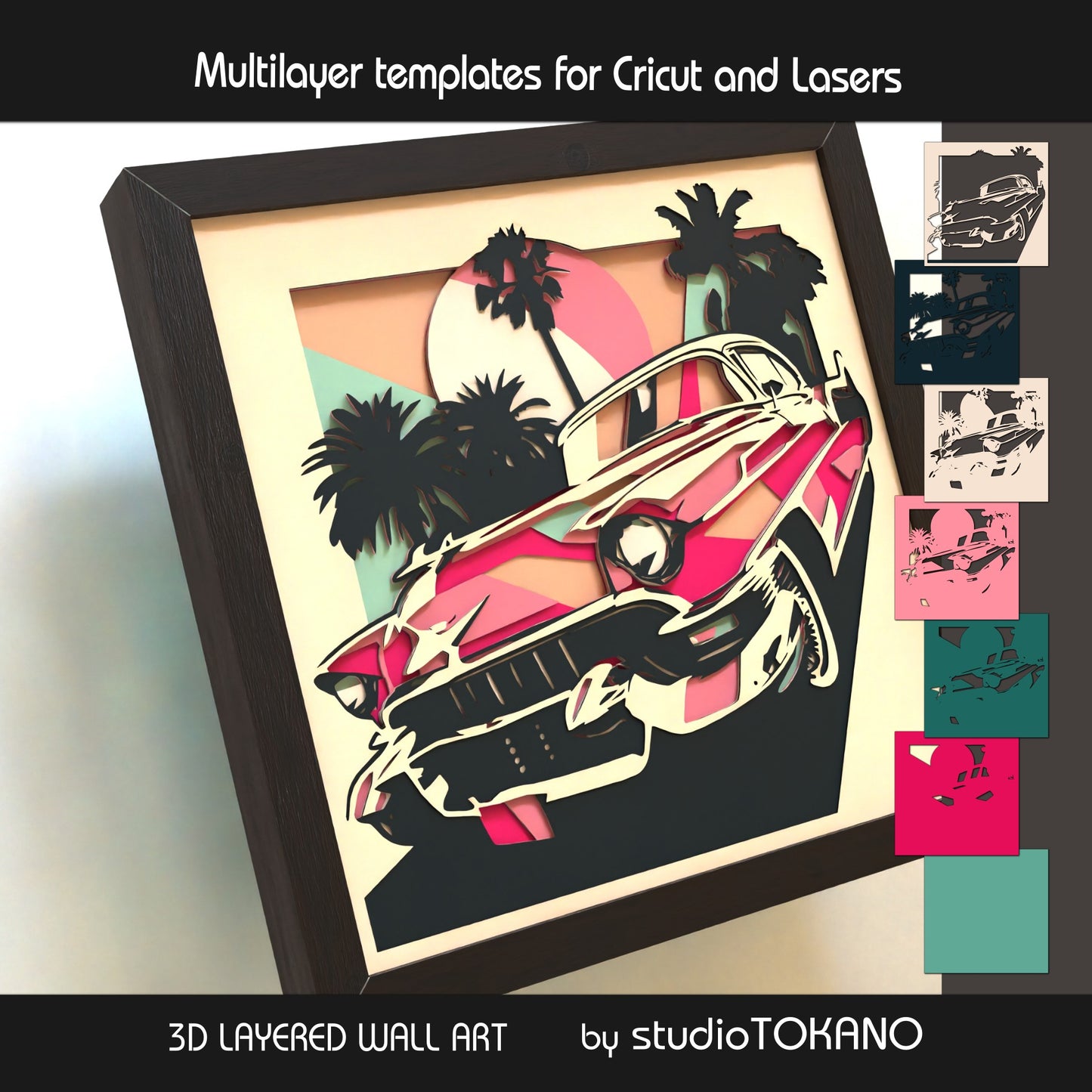 Pink Cadillac shadow box SVG shown as finished 3D layered papercut wall art with a retro classic car design for Cricut and laser cutting.