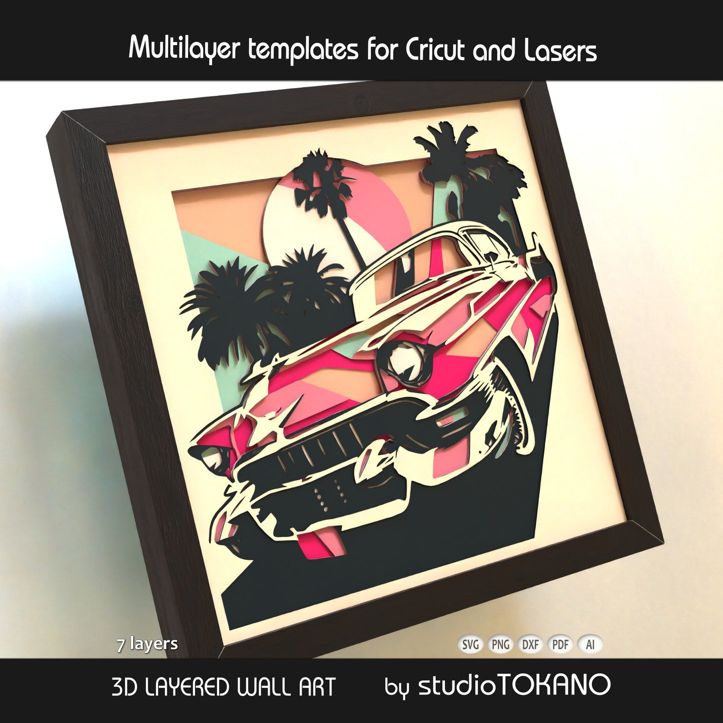 Vintage car layered SVG shadow box with a pink Cadillac theme, stacked cardstock layers, and bold dimensional 3D depth.