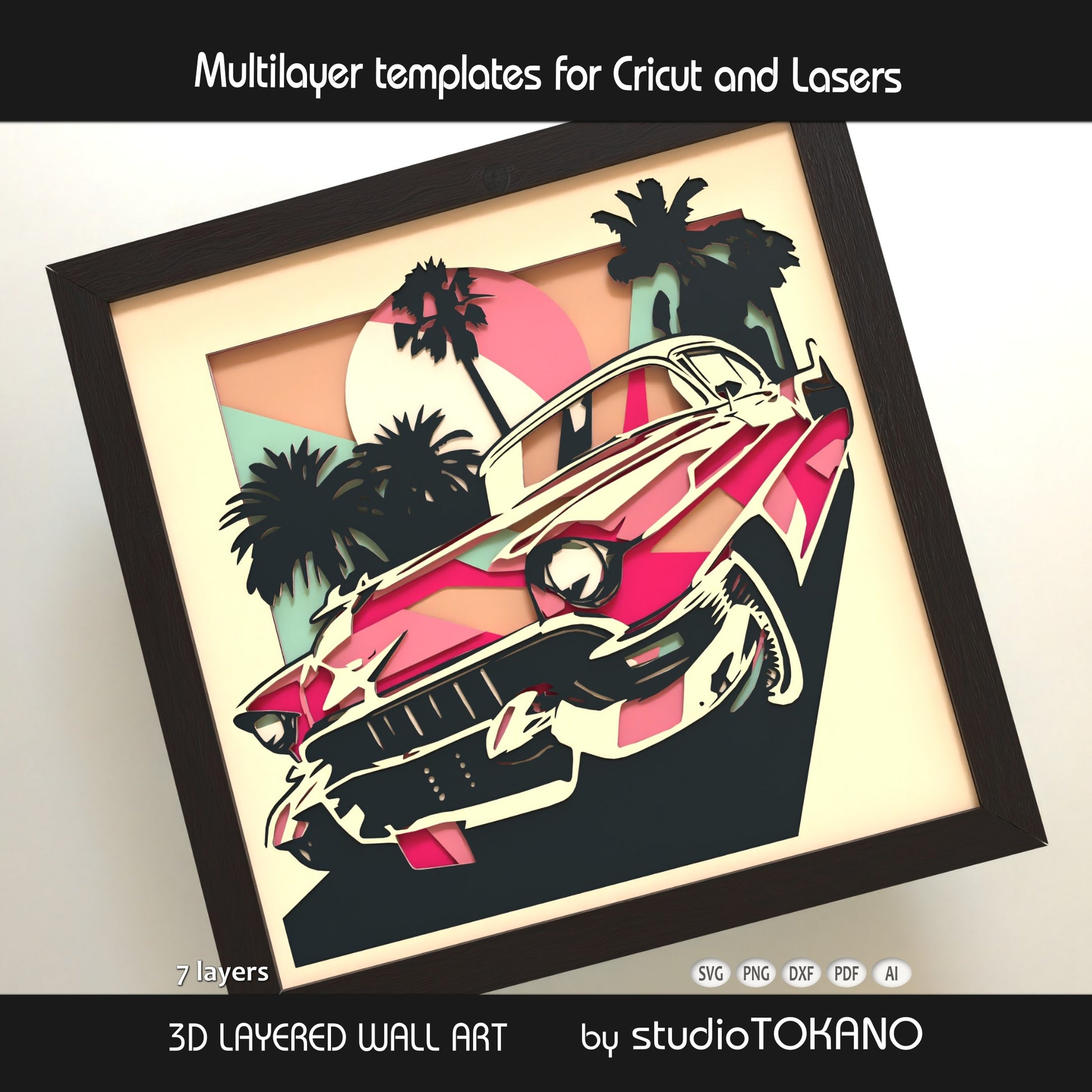 Rockabilly car papercut SVG design shown as framed multilayer wall art for retro decor, garage decor, Cricut, Glowforge, xTool, and laser cutters.