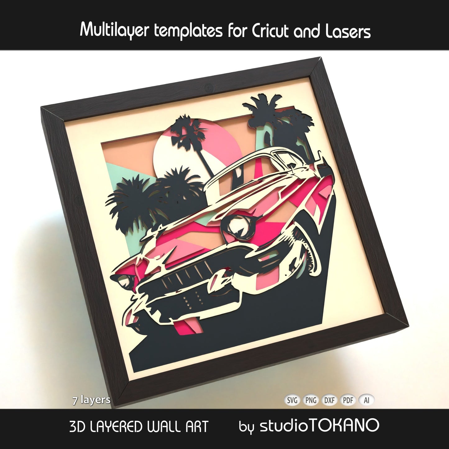 Close-up of the pink Cadillac shadow box cut file showing clean layered cardstock detail, classic car shapes, and crisp papercut lines.