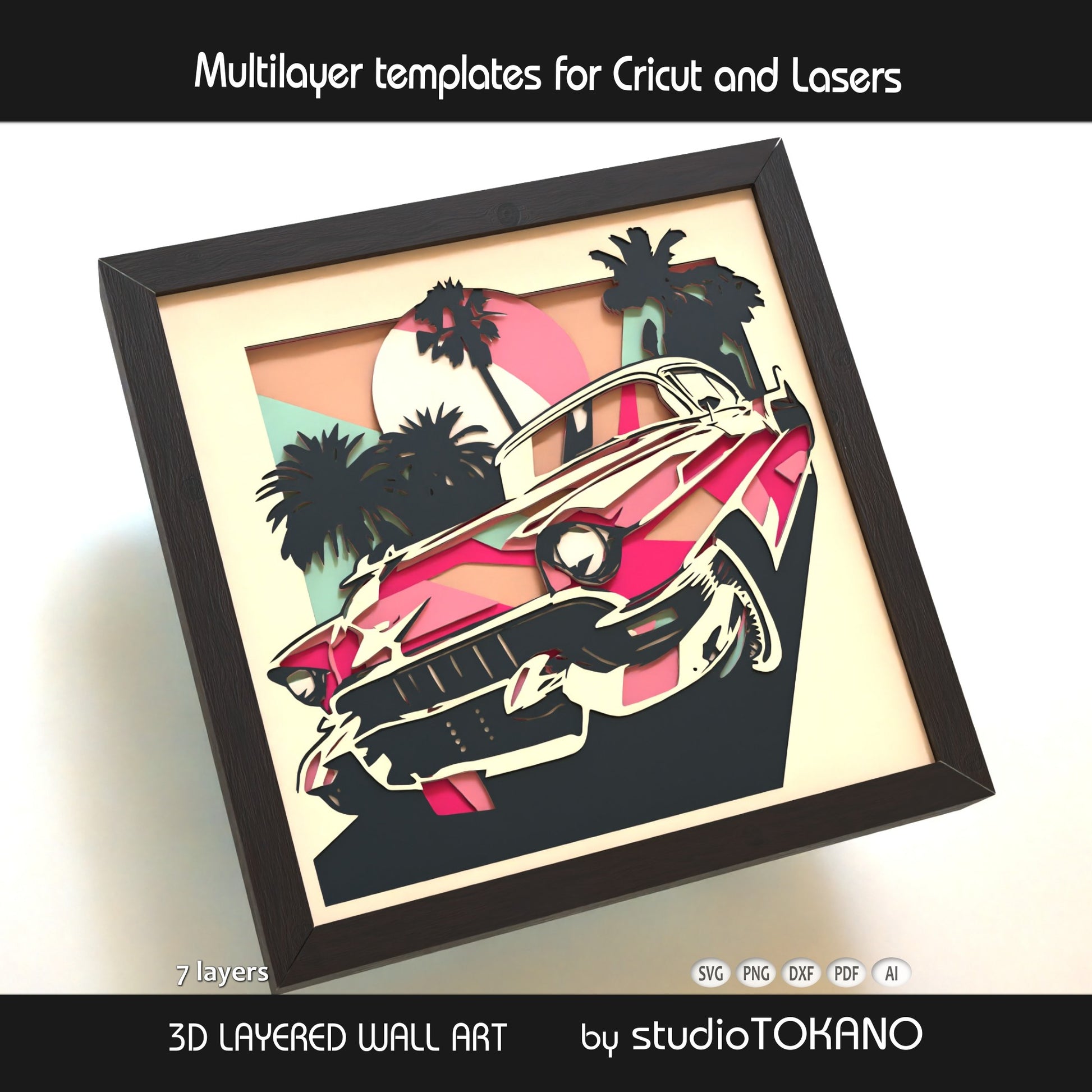 Close-up of the pink Cadillac shadow box cut file showing clean layered cardstock detail, classic car shapes, and crisp papercut lines.