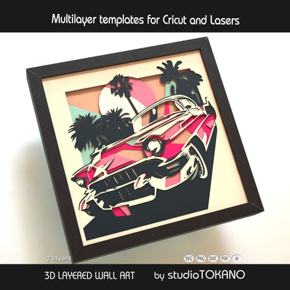 Close-up of the pink Cadillac shadow box cut file showing clean layered cardstock detail, classic car shapes, and crisp papercut lines.