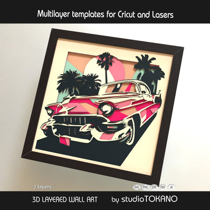 Finished 50s-style oldtimer car wall art in cardstock, shown as a layered shadow box SVG for Cricut and laser cutting projects.