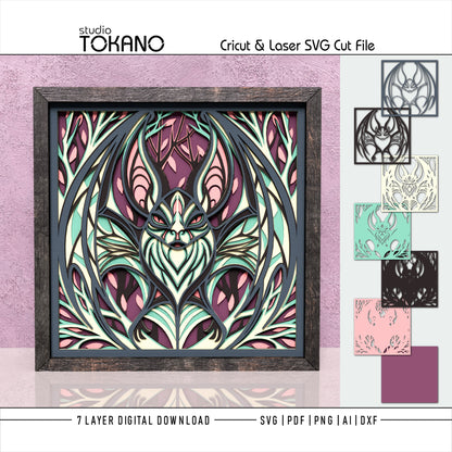 Gothic Bat Shadow Box SVG | 7-Layer Dark Wall Art