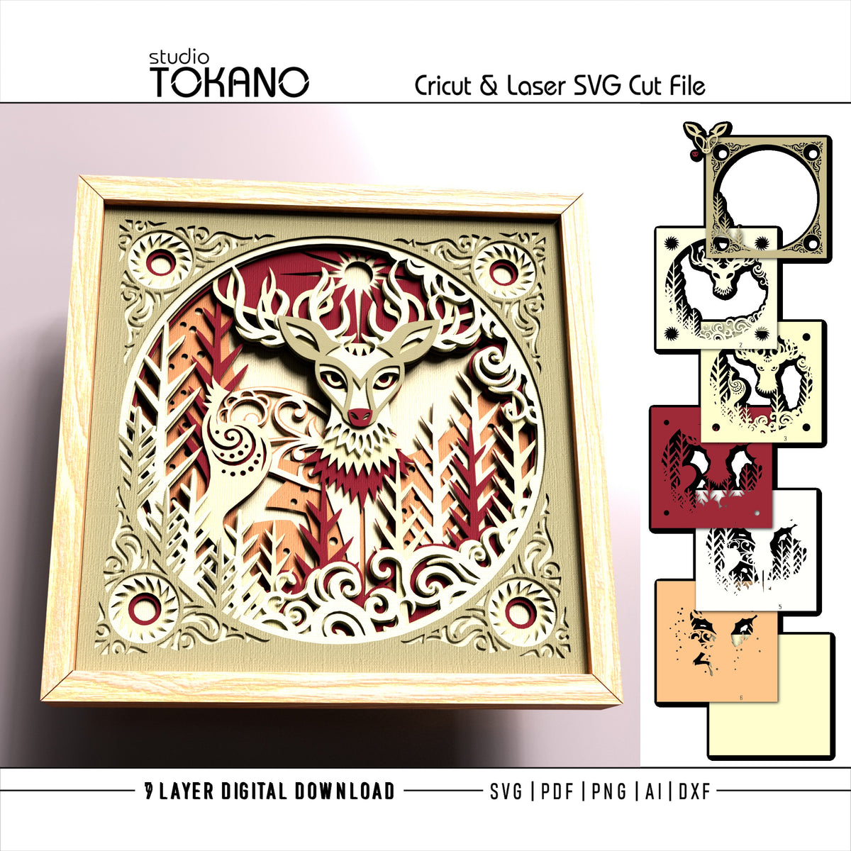 Deer Shadow Box SVG | 7-Layer Winter Wonderland Wall Art