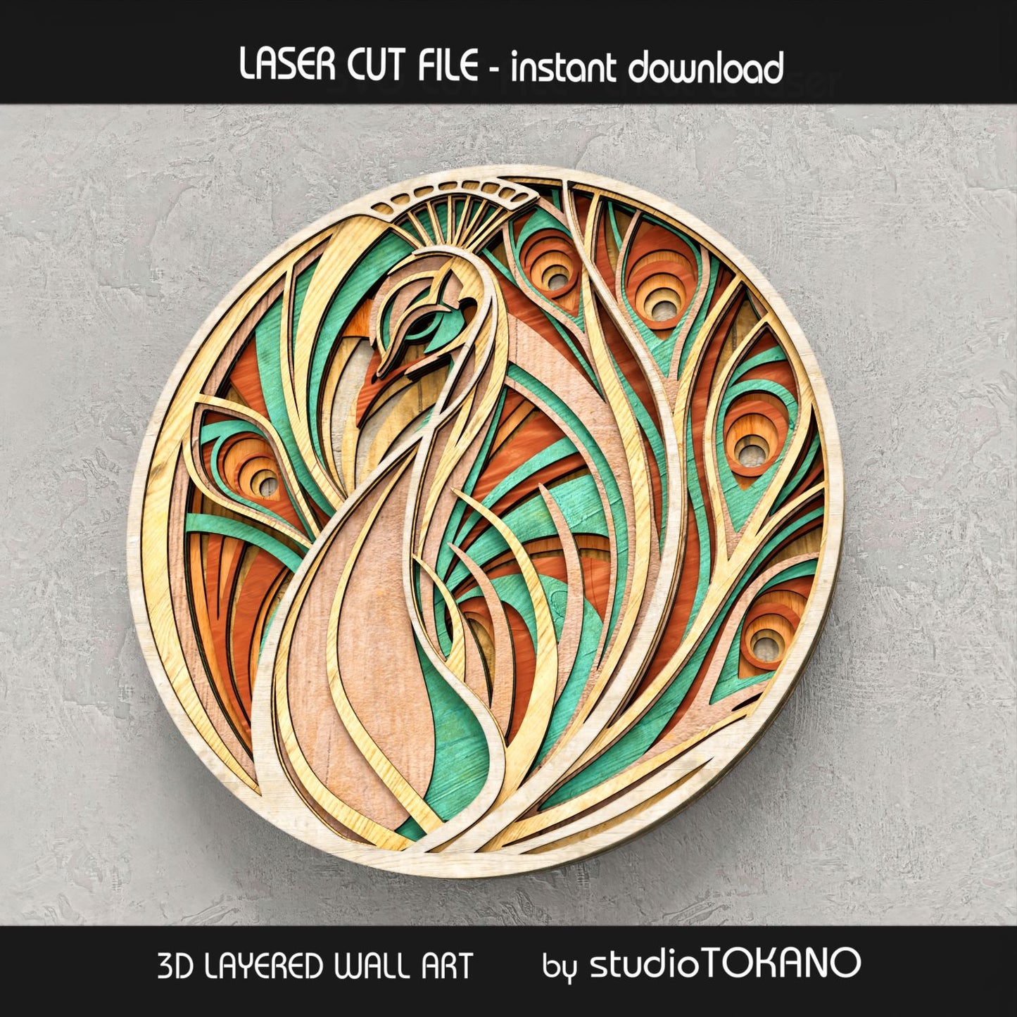 Peacock Layered Laser Cut File | Boho Wooden Wall Art SVG | Multilayer Glowforge xTool