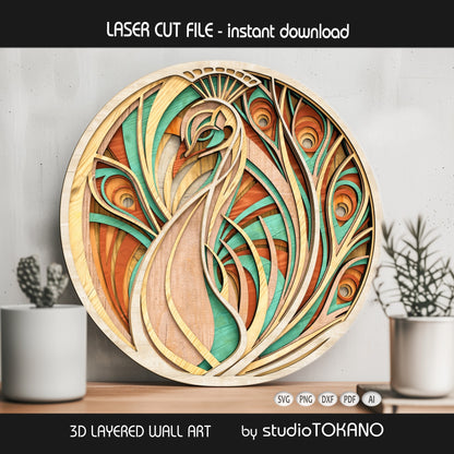 Peacock Layered Laser Cut File | Boho Wooden Wall Art SVG | Multilayer Glowforge xTool
