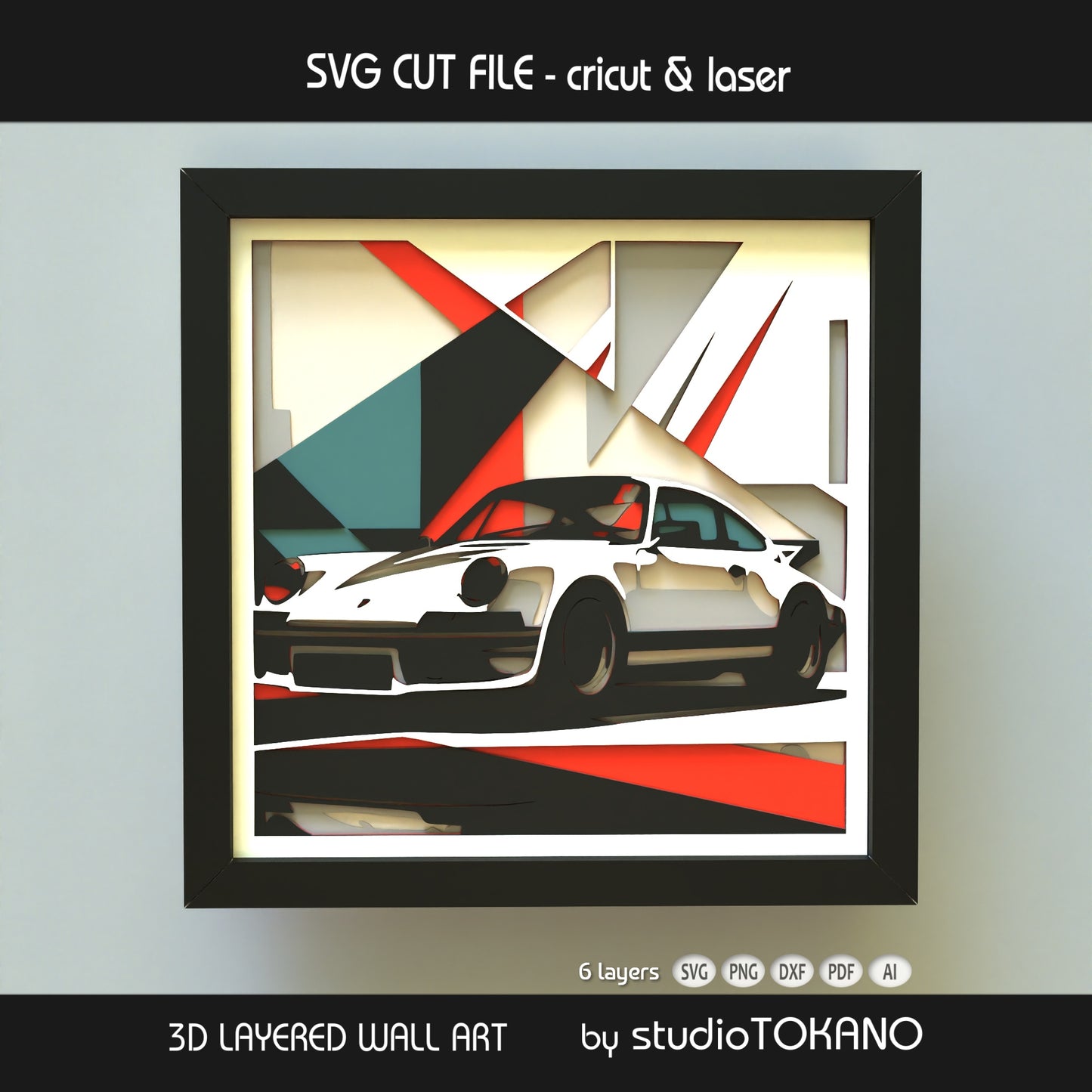 Porsche 911 3D layered SVG design for Cricut, Silhouette, Glowforge, xTool, and laser cutters, made for bold car-themed wall art.