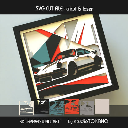 Porsche 911 shadow box SVG shown as finished 6-layer 3D layered papercut wall art in cardstock for Cricut and laser cutting.