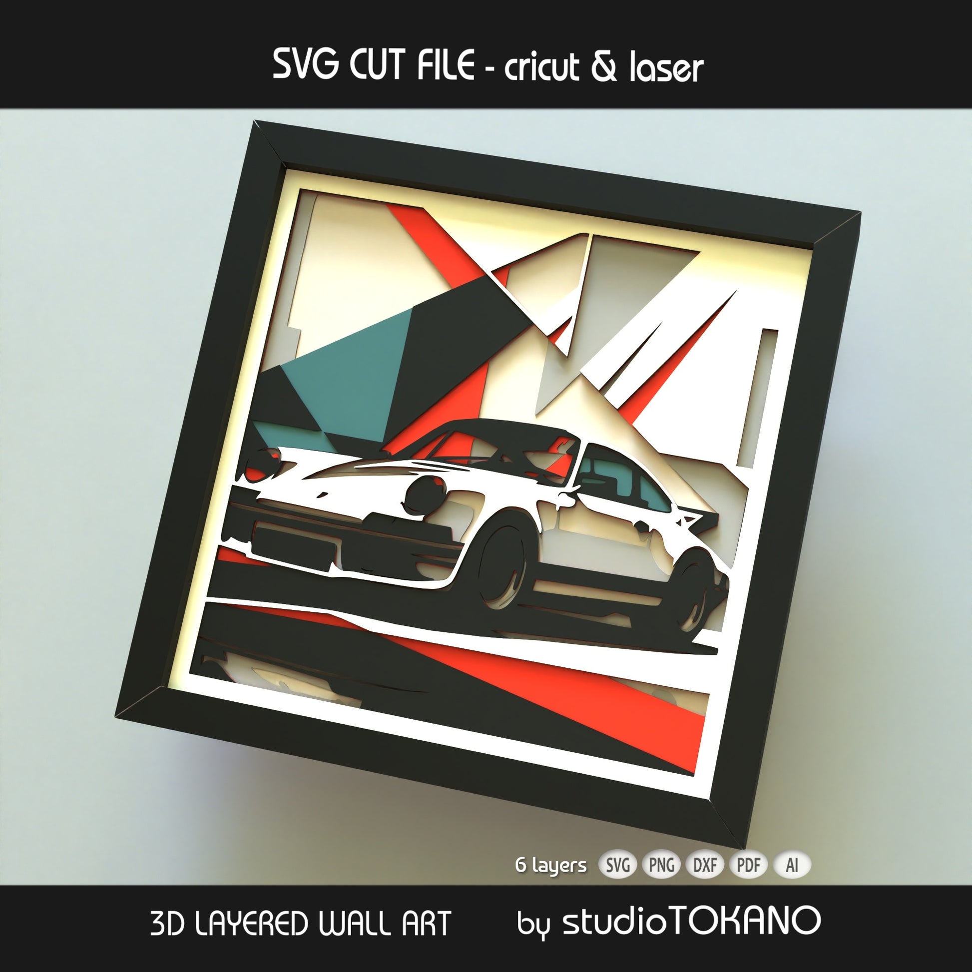 Sporty Porsche 911 shadow box cut file shown with stacked cardstock layers, clean 3D depth, and a speed-inspired design.