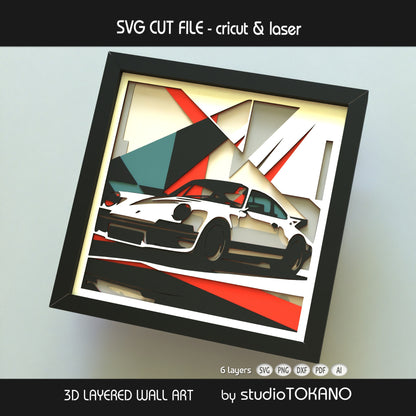 Sporty Porsche 911 shadow box cut file shown with stacked cardstock layers, clean 3D depth, and a speed-inspired design.