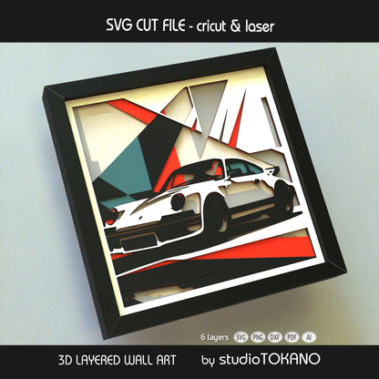 Classic car digital download with layered cut file formats including SVG, DXF, PDF, PNG, and AI for Cricut and laser cut assembly.
