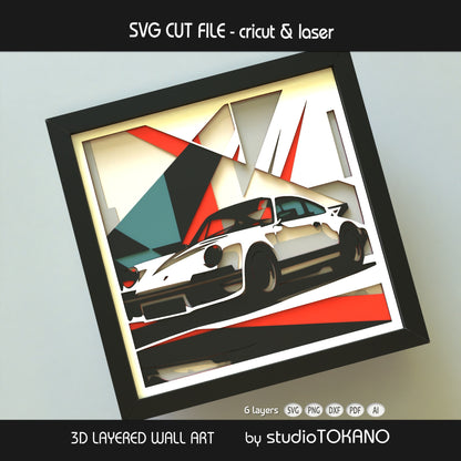 Finished Porsche 911 layered papercut design shown as framed car wall art for garage decor, man cave decor, and automotive crafts.