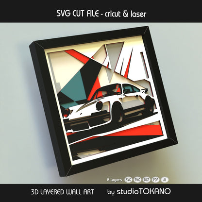 Porsche 911 shadow box SVG with a fast, sleek car composition, dimensional layered depth, and bold automotive wall art style.