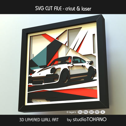 Modern classic sports car 3D layered wall art in cardstock, shown as a shadow box SVG for garage decor and car lovers.