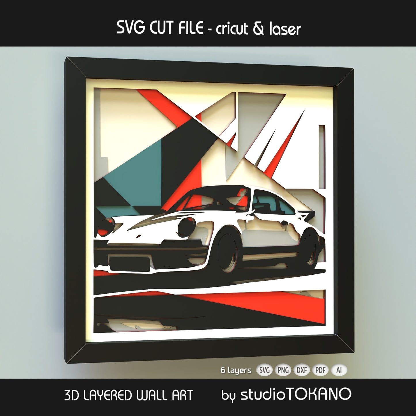 Close-up of the Porsche 911 shadow box cut file showing clean layered cardstock detail, sharp car lines, and crisp papercut edges.