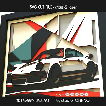 Porsche 911 papercut SVG design shown as framed multilayer car wall art for Cricut, Glowforge, xTool, and laser cutters.