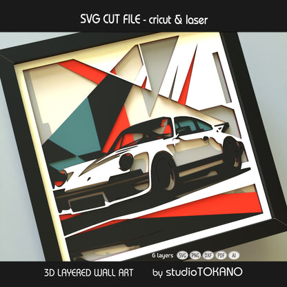 Classic Porsche 911 layered SVG shadow box with a modern sports car silhouette, stacked cardstock layers, and strong 3D depth.