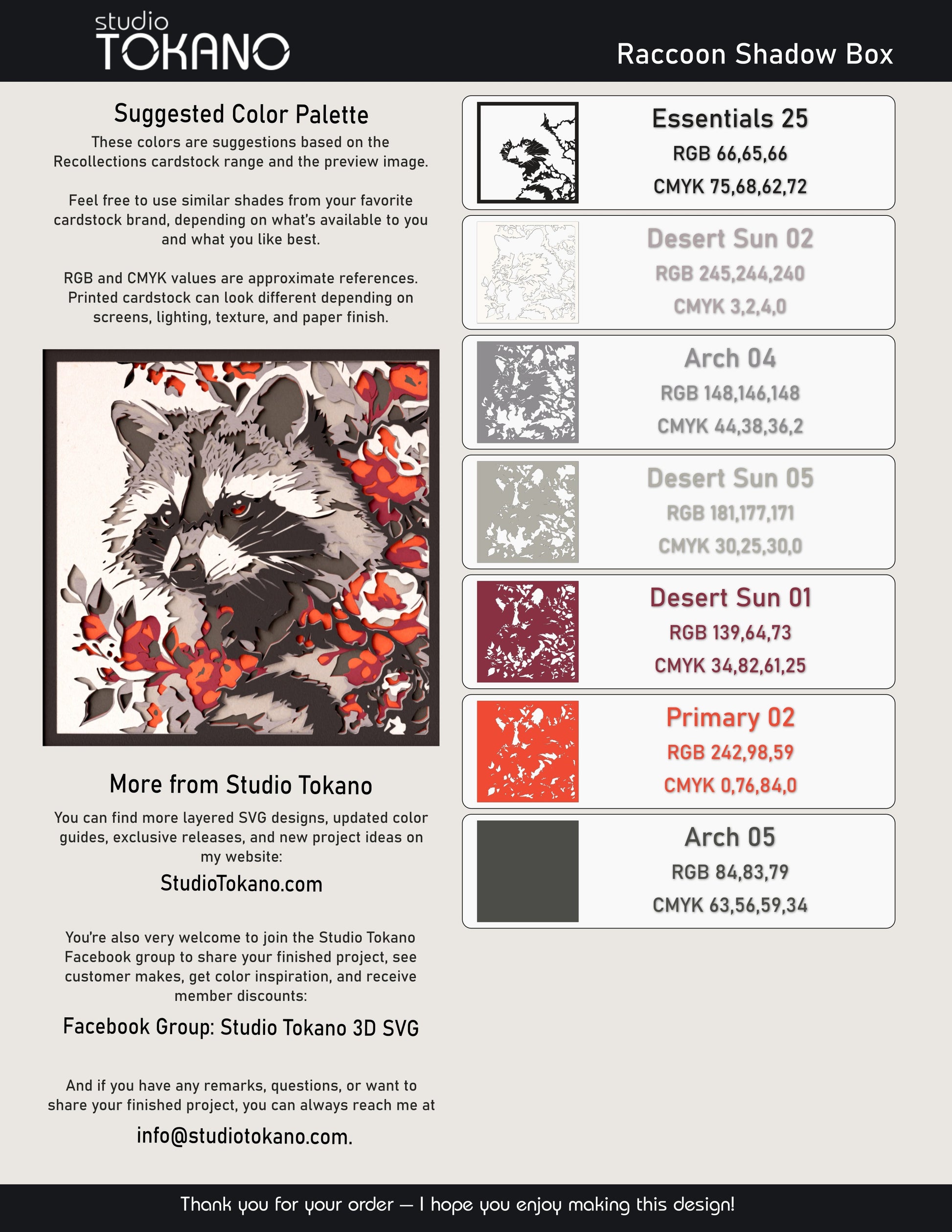 Raccoon shadow box SVG layer guide showing the separate papercut layers and color arrangement for Cricut and laser cut assembly.