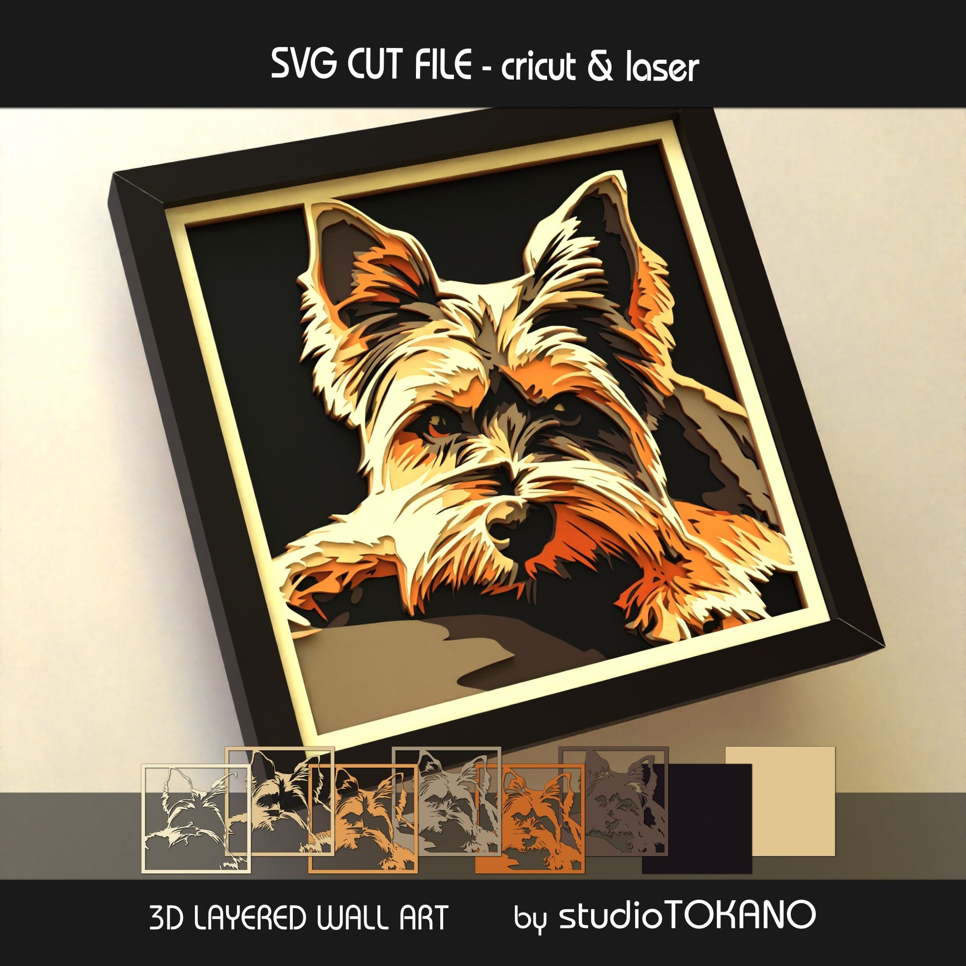 Yorkie shadow box SVG layer guide showing the separate papercut layers and color arrangement for Cricut and laser cut assembly.