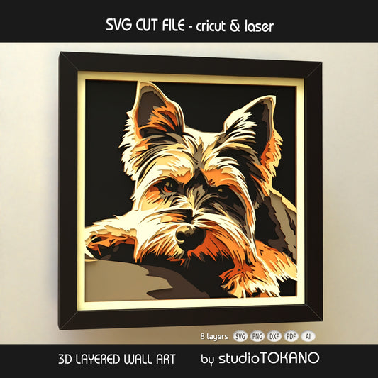 Yorkie layered SVG shown as 8-layer 3D Yorkshire Terrier shadow box wall art for Cricut, Silhouette, Glowforge, xTool, and laser cutting.